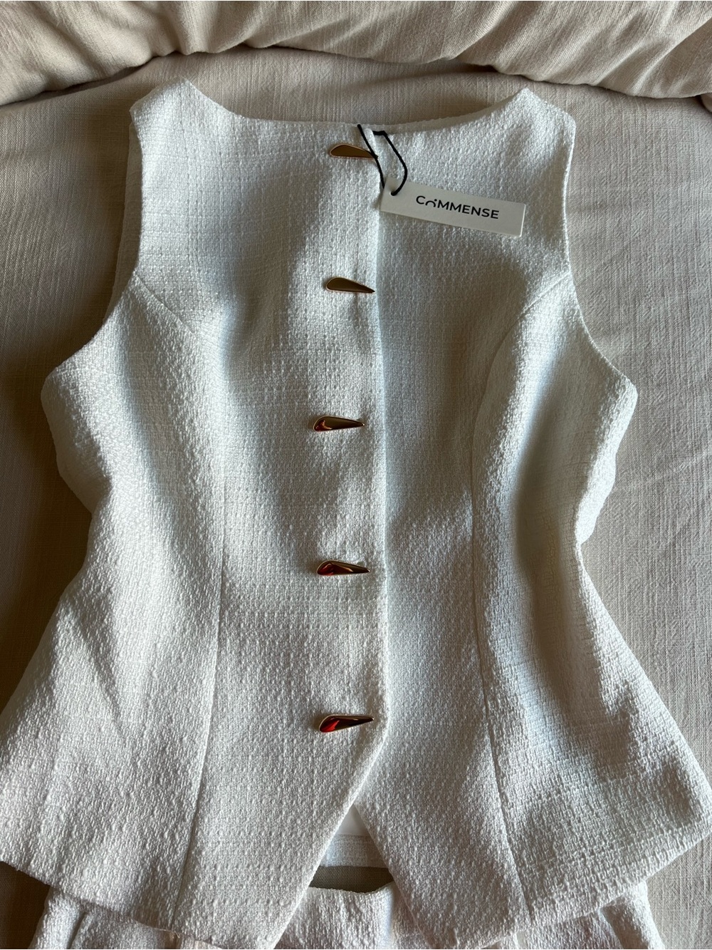 Commense tweed Sleeveless Textured Top with Shorts and Gold Buttons - Picture 7 of 9